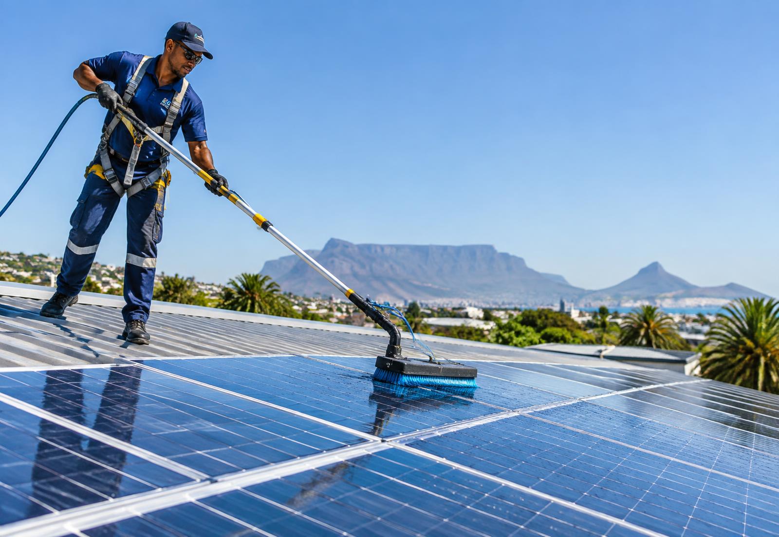 Technician professionally cleaning rooftop solar panels in Gauteng